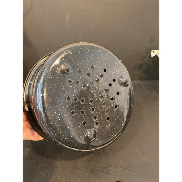 Vintage Black Speckled Enamel 6” Steamer Basket with Handle - Picture 5 of 11